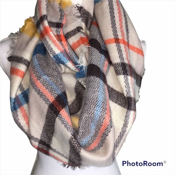 Plaid Wide Infinity Scarf Fall Colors Brown Orange Mustard Yellow Blanket - Picture 3 of 5